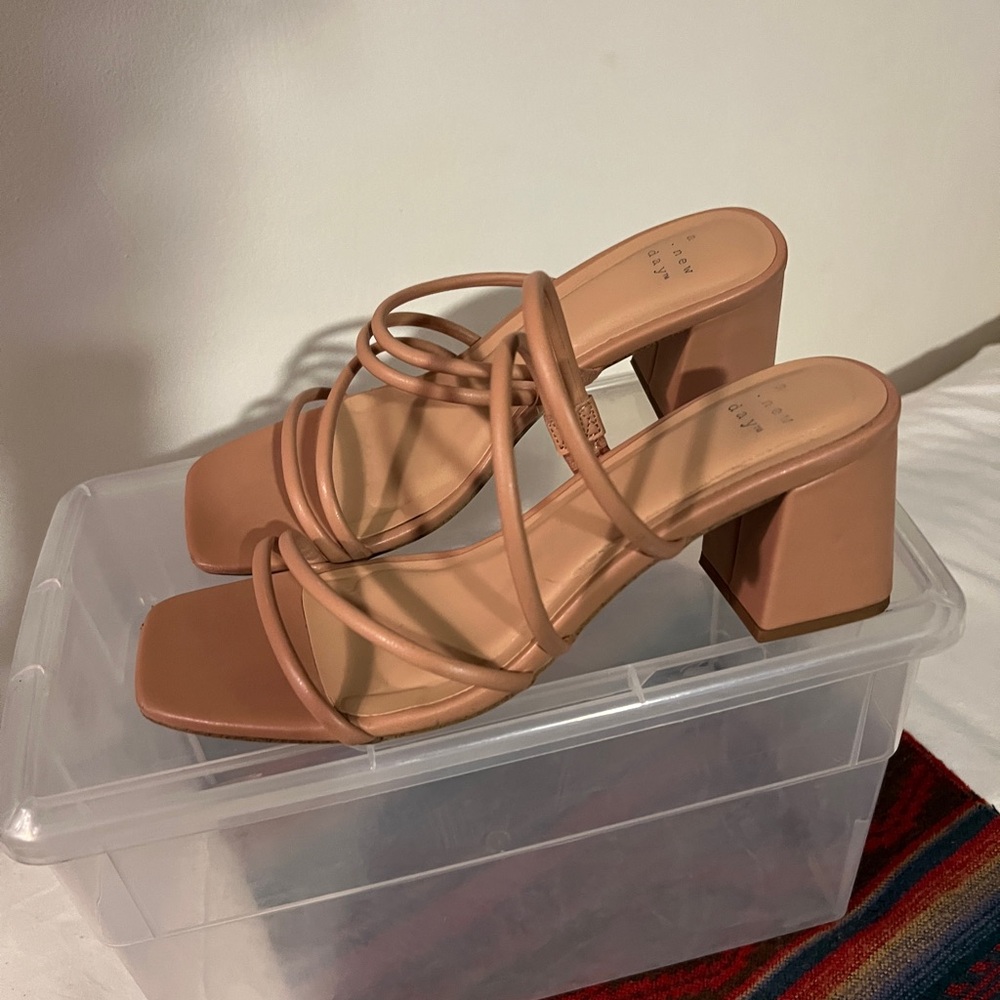 a new day Tan Heels with Chunky Block Heel and Open Toe Design
